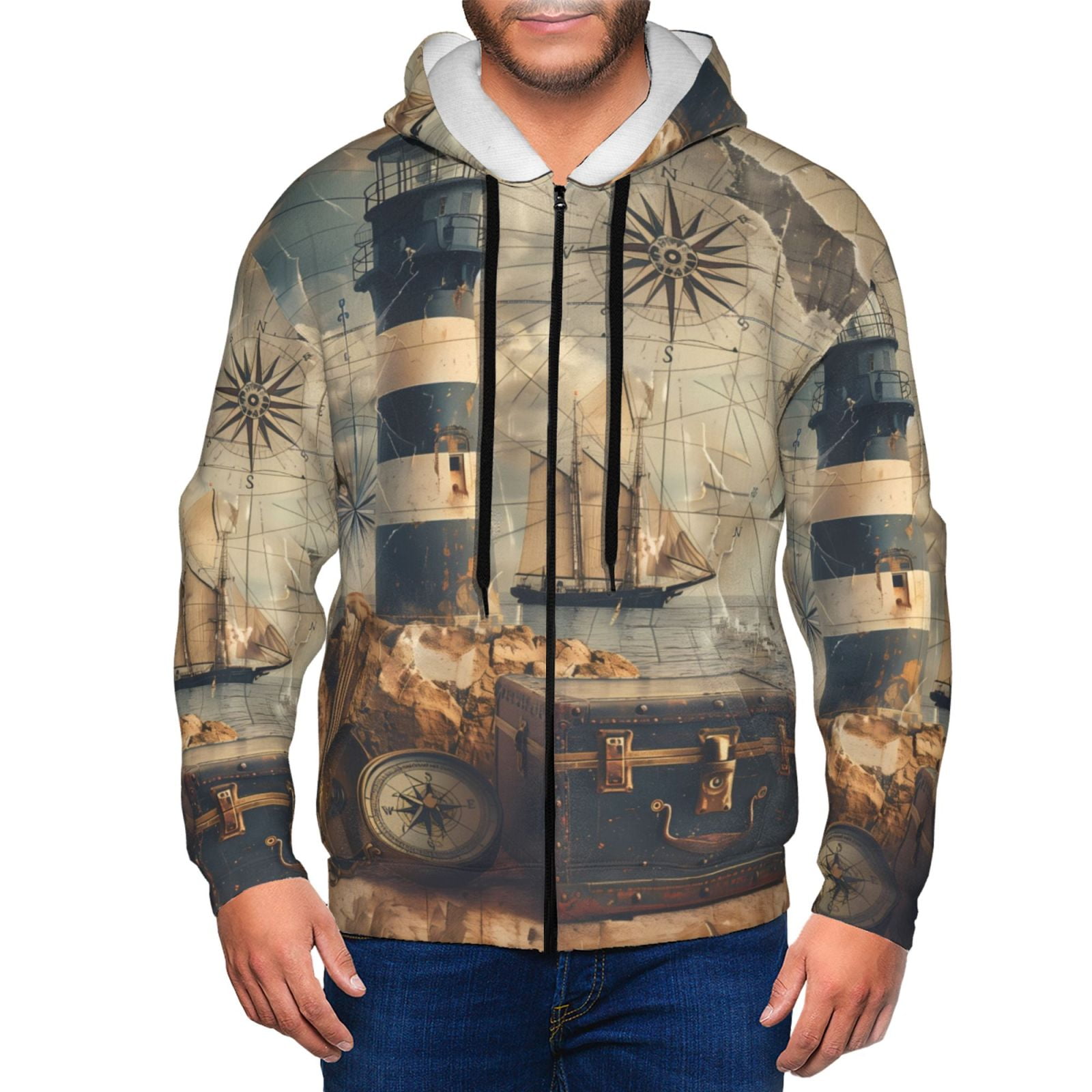 Giroia Vintage Nautical Lighthouse for Men's Full Zip Cardigan Hoodies