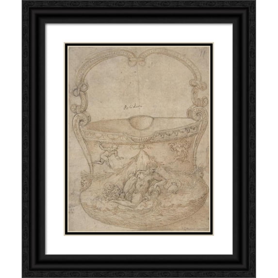 Girolamo Genga 19x24 Black Ornate Framed Double Matted Museum Art Print Titled: Design for a Bucket-Like Vessel with a Handle of Non-Figural Interlaces, on a Body Adorned with a Ri