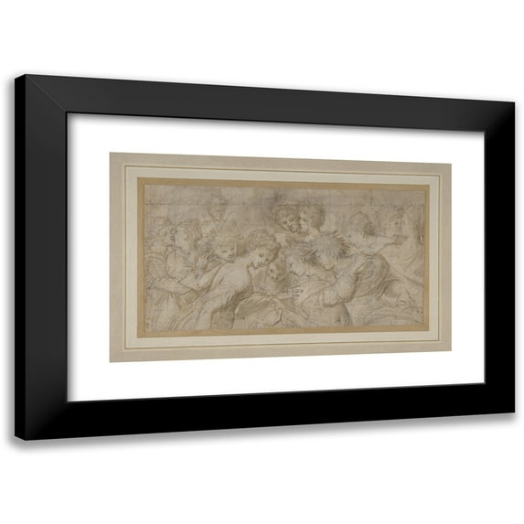 Girolamo Mirola 14x11 Black Modern Framed Museum Art Print Titled - Embracing Female Figures, Some Holding Musical Scores. (1570-73)
