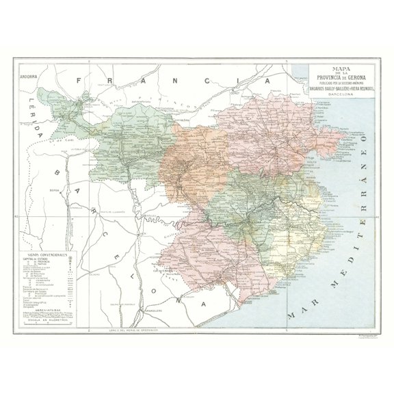 Historic Map - Girona Province Spain - Pompido 1913 - Vintage Wall Art