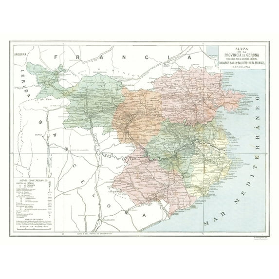 Historic Map - Girona Province Spain - Pompido 1913 - Vintage Wall Art