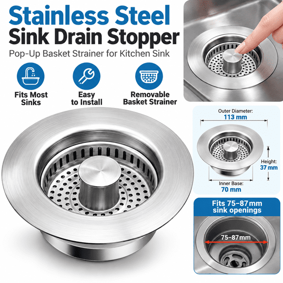 Girony Kitchen Sink Drain Stopper, Stainless Steel Pop Up Sink Filter with Basket, Anti-odor Bounce Core Drain Plug for Most Kitchen Sinks