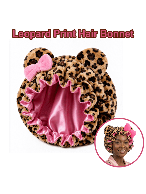 Leopard Print Plush Hair Bonnet with 3D Cat Ears & Pink Bow, Satin Lined Sleep Cap, Soft Head Cover for Night Sleeping Skincare Washing Face