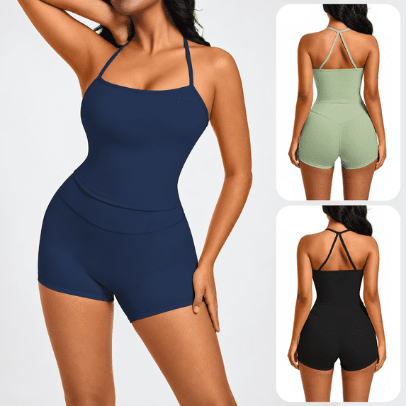 Girony Women Halter Tank Yoga Outfit Set, Square Neck Workout Cami Top & High Waist Athletic Biker Shorts, Soft Stretch Activewear for Gym Fitness