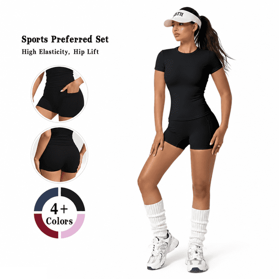 Girony Women's 2 Piece Yoga Outfit, Short Sleeve Crop Top with High Waist Workout Shorts, Athletic Activewear Set for Gym Running