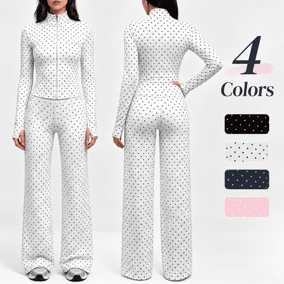 Girony Women's Polka Dot Workout Outfit Set, Zip Up Stand Collar Jacket & High Waist Flared Pants 2 Piece Yoga Tracksuit