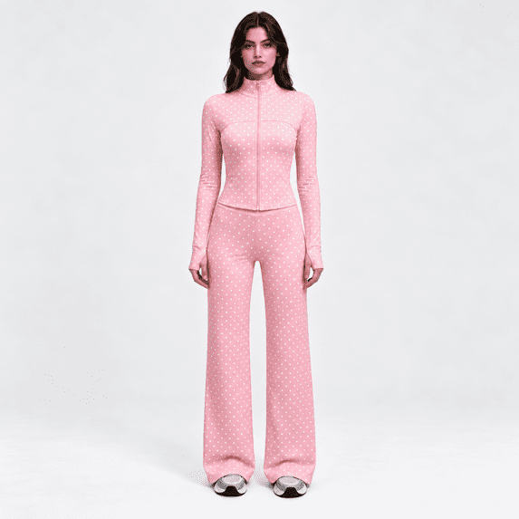 Girony Women's Polka Dot Workout Outfit Set, Zip Up Stand Collar Jacket & High Waist Flared Pants 2 Piece Yoga Tracksuit