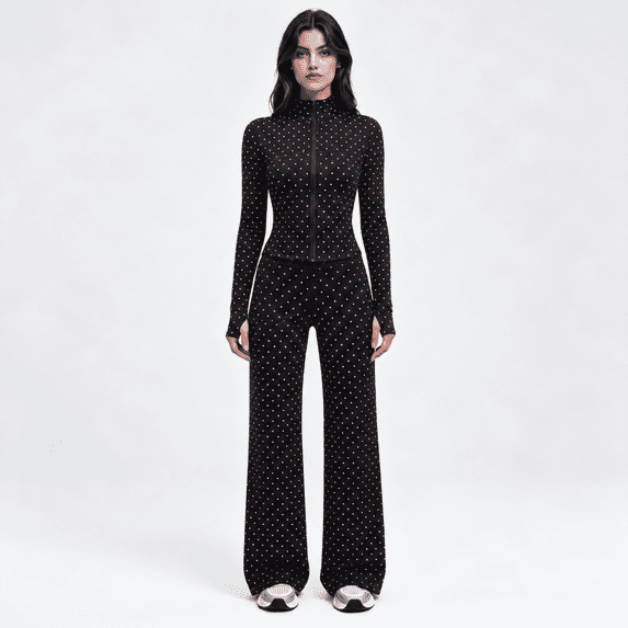 Girony Women's Polka Dot Workout Outfit Set, Zip Up Stand Collar Jacket & High Waist Flared Pants 2 Piece Yoga Tracksuit