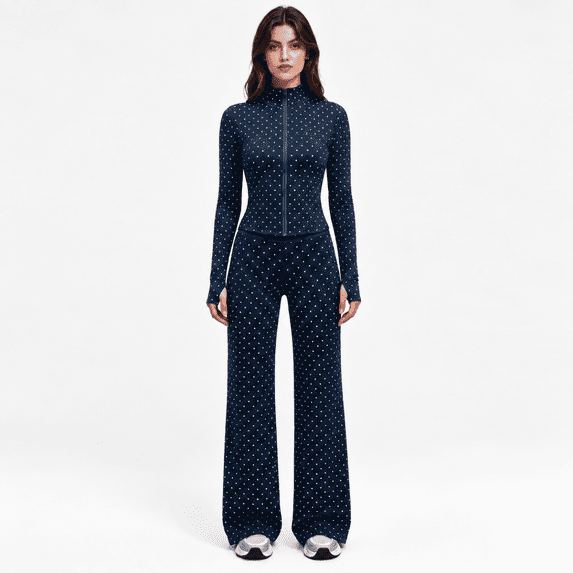 Girony Women's Polka Dot Workout Outfit Set, Zip Up Stand Collar Jacket & High Waist Flared Pants 2 Piece Yoga Tracksuit