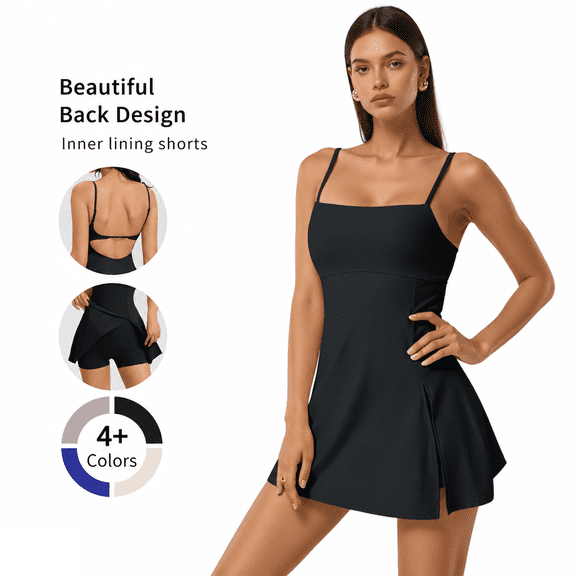 Girony Women's Square Neck Spaghetti Strap Tennis Dress, Back Cutout Athletic Skort Dress with Built-in Shorts for Yoga Workout