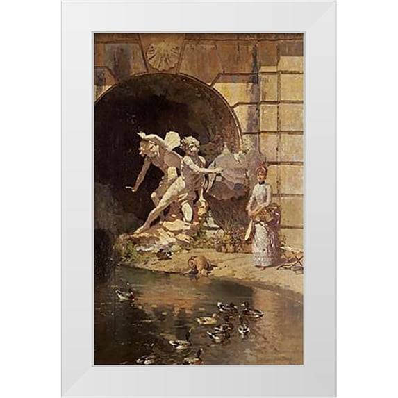 Giroux, Ernest 22x32 White Modern Wood Framed Museum Art Print Titled - Feeding The Ducks