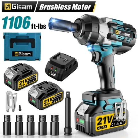Gisam 1500N.m(1106 ft-lbs) Cordless Brushless Impact Wrench,1/2 inch Impact Gun with 2x4.0Ah Batteries & 6 Sockets Accessories ,Pistola De Impacto for Home Car Truck Tire