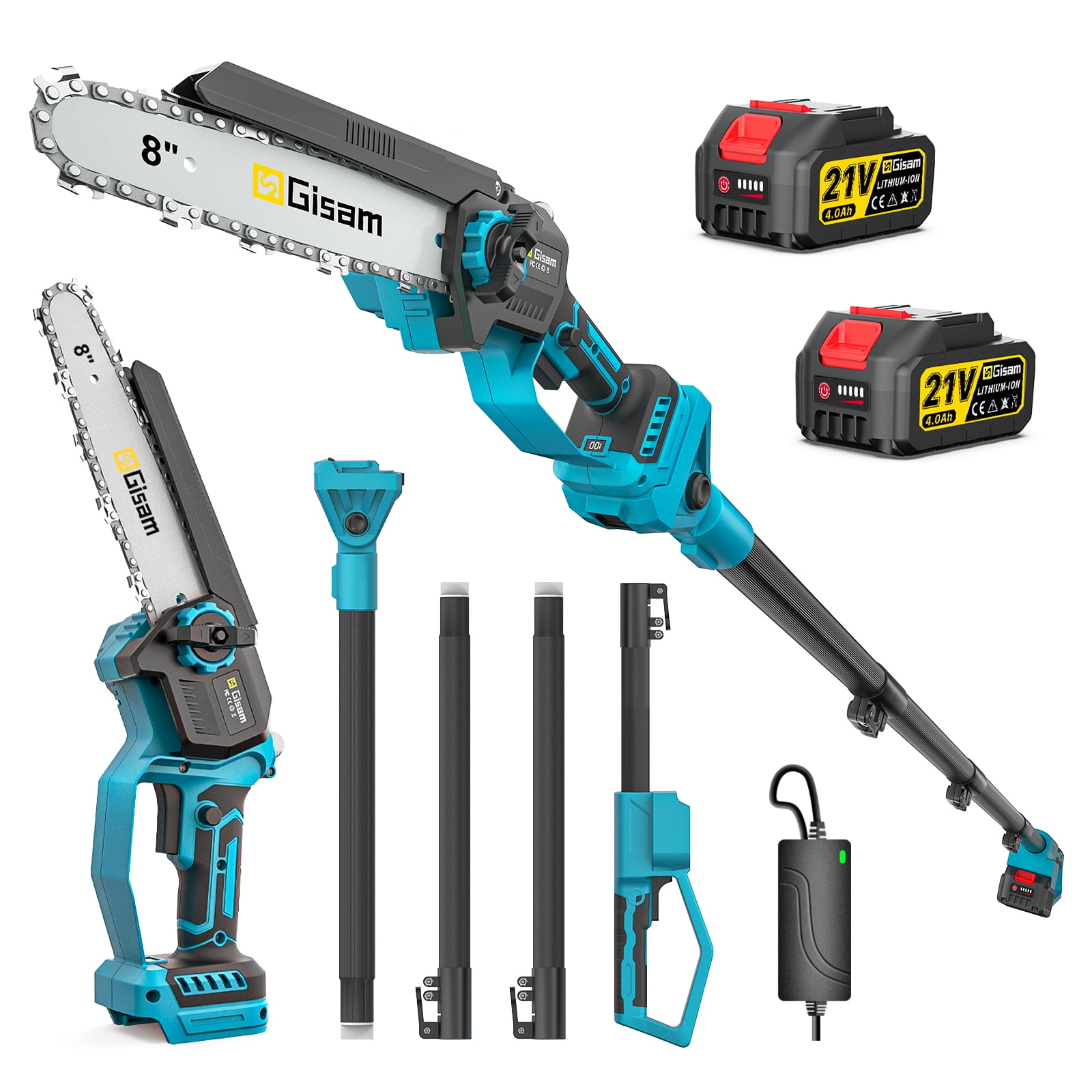 Gisam 8Inch Cordless Pole Saw & Mini Chainsaw 2-IN-1, with Brushless Motor, 2x 4.0 Ah Batteries, Max Reach 14ft for Tree Trimming