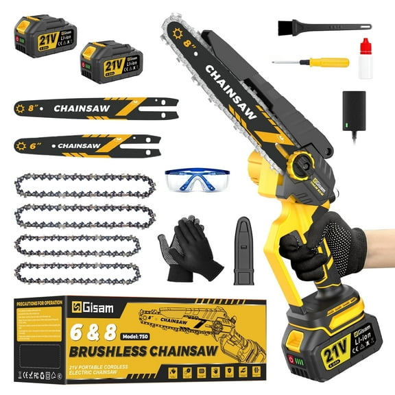 Gisam Mini Chainsaw, 8" & 6" inch Cordless Small Chain Saw with 2 Batteries 2 Chains, Electric Brushless Chainsaw with Security Lock for Tree Trimming Wood Cutting
