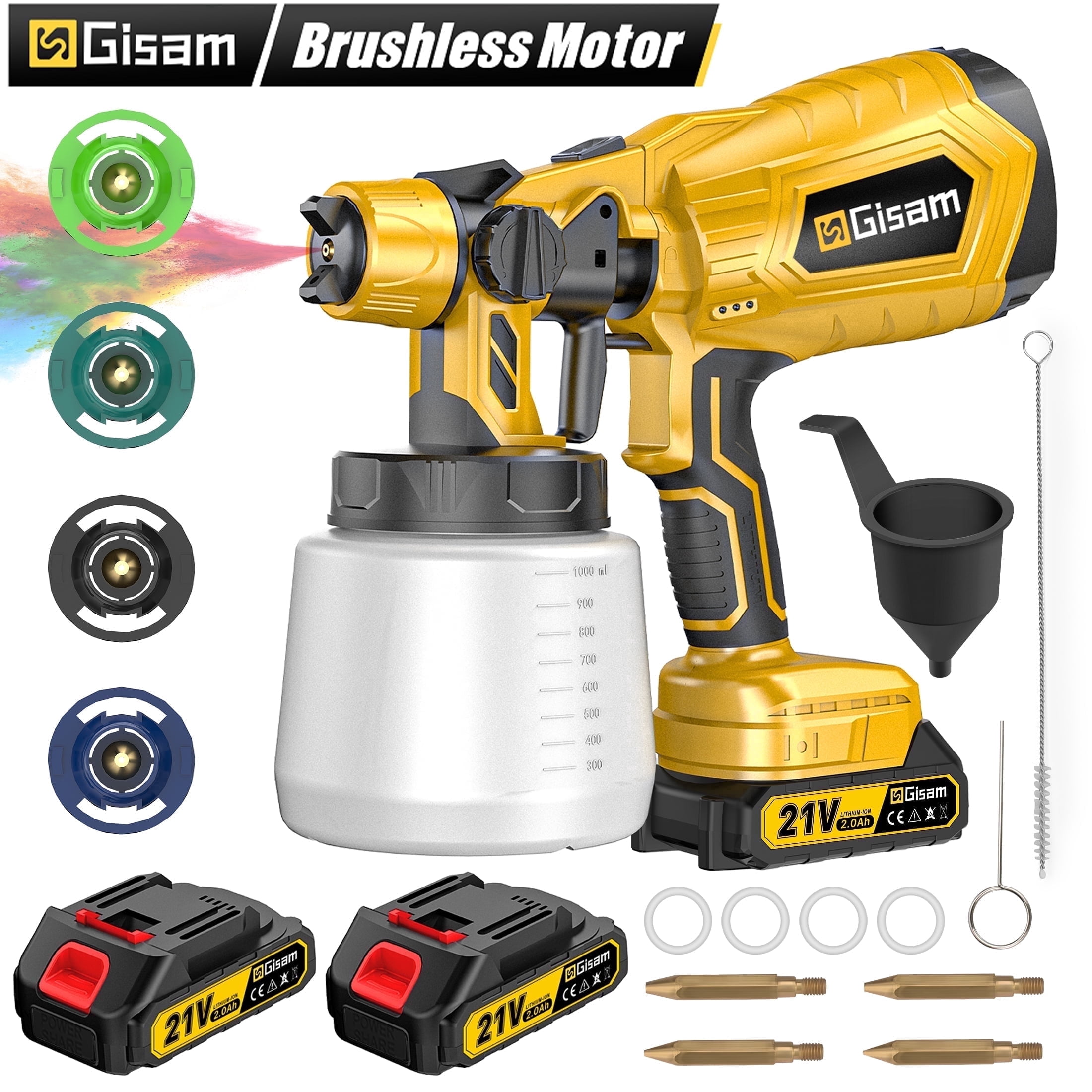 Gisam Brushless Paint Sprayer with 2 Batteries Cordless Spray Gun, Electric HVLP Painting Tool for Furniture Cabinets Fence House Painting