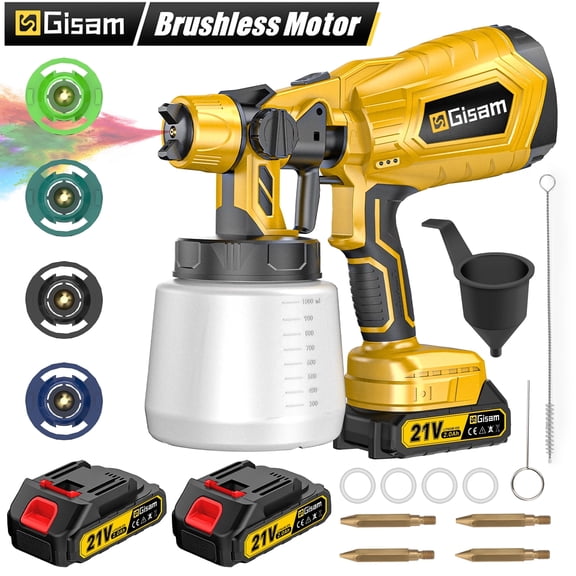 Gisam Brushless Paint Sprayer with 2 Batteries Cordless Spray Gun, Electric HVLP Painting Tool for Furniture Cabinets Fence House Painting