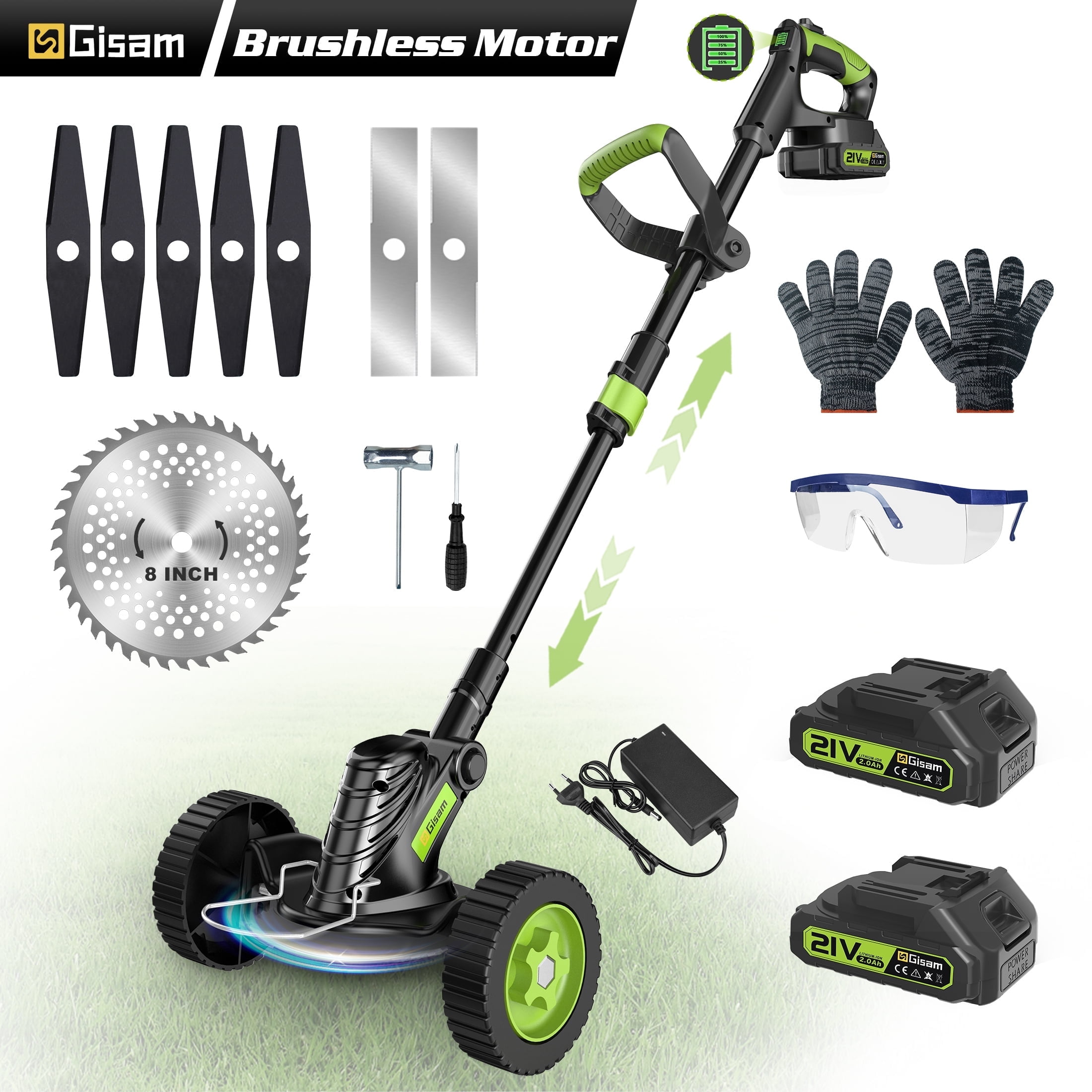 Gisam Cordless Grass Trimmer, Battery Operated Weed Wacker with Wheels , Brushless Motor ,2 *2.0Ah Battery & 8 Cutting Blade