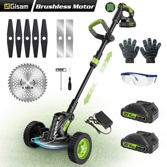Gisam Cordless Grass Trimmer, Battery Operated Weed Wacker with Wheels , Brushless Motor ,2 *2.0Ah Battery & 8 Cutting Blade