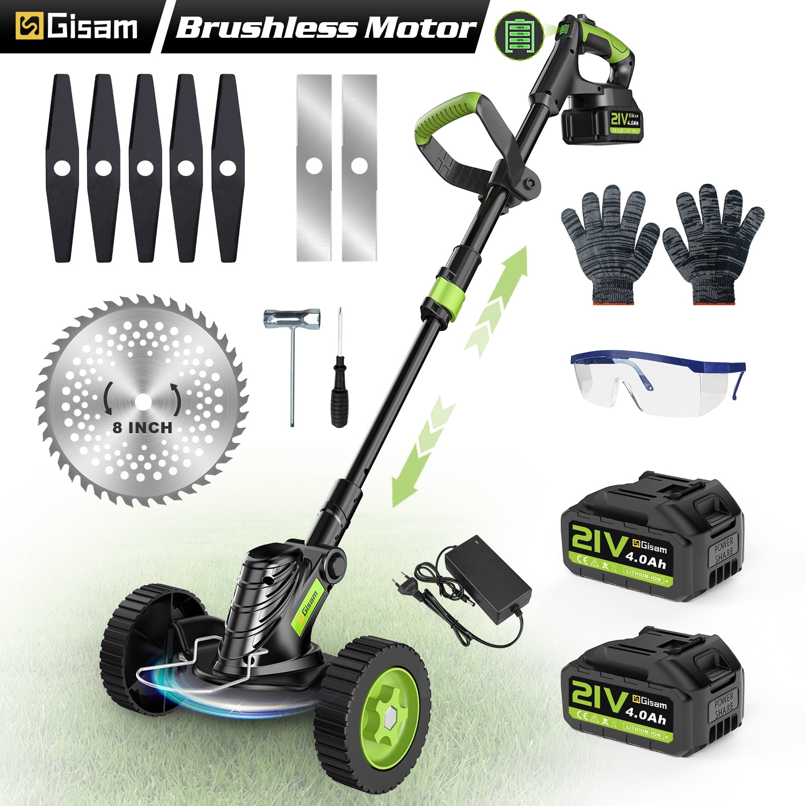 Gisam Cordless Grass Trimmer, Brushless 3 in 1 Weed Wacker with Wheels, 2 *4.0Ah Battery & 8 *8inch Cutting Blade for Garden/Lawns