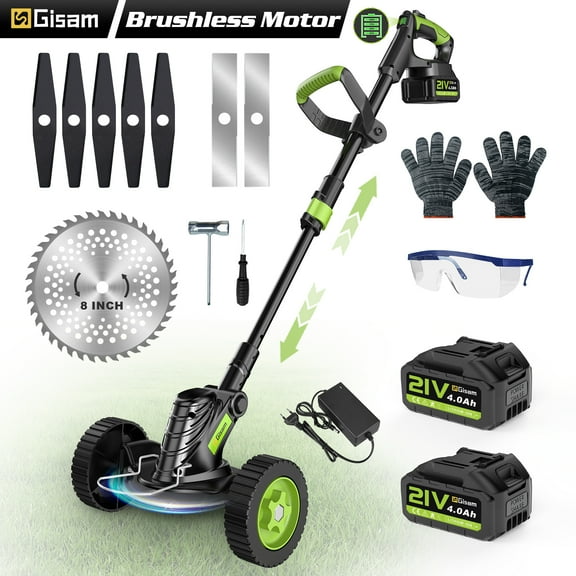Gisam Cordless Grass Trimmer, Brushless 3 in 1 Weed Wacker with Wheels, 2 *4.0Ah Battery & 8 *8inch Cutting Blade for Garden/Lawns
