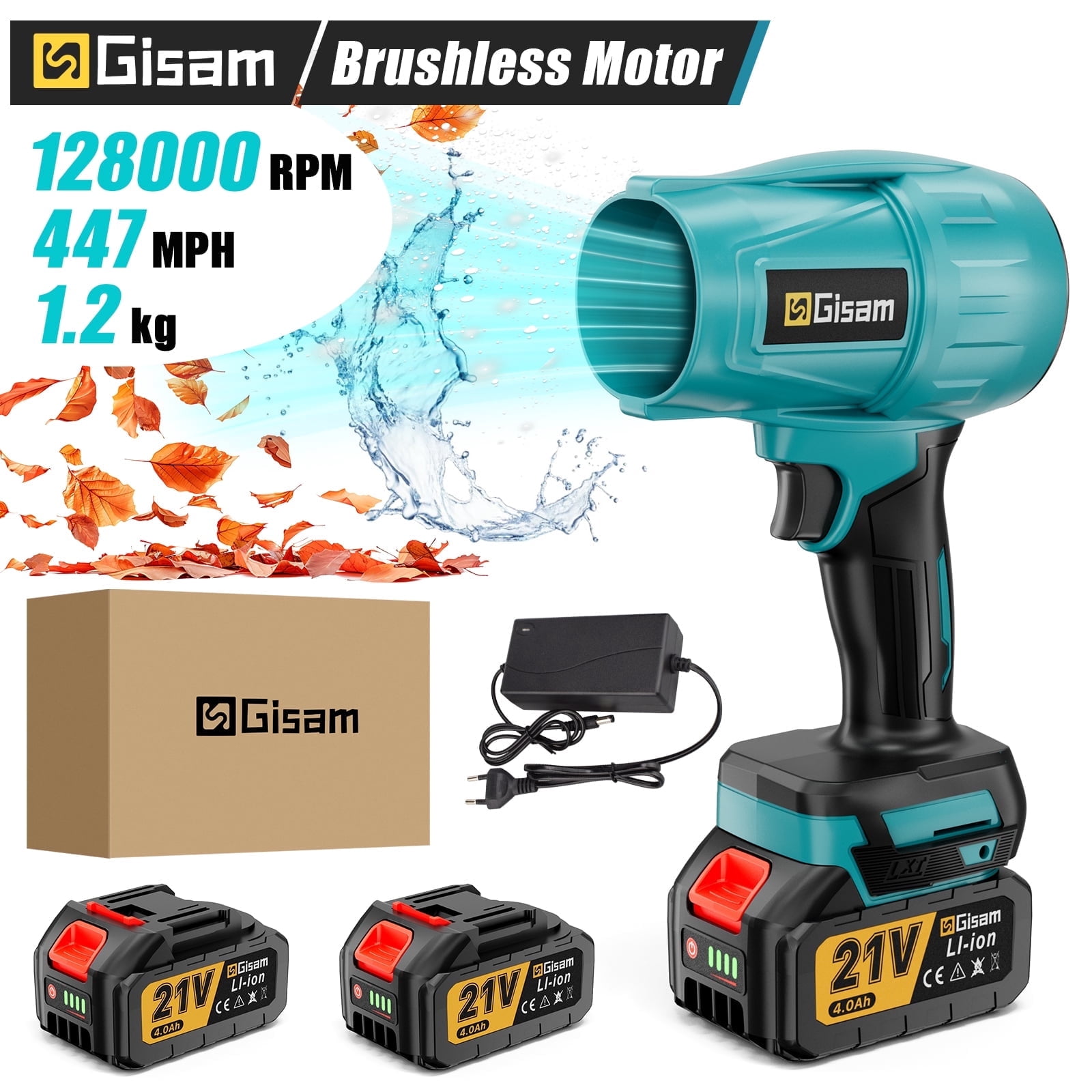 Gisam Electric Cordless Leaf Blower,128000RPM 447MPH   Handheld Leaf Blower with 2 X 4.0Ah Batteries for Patio Cleaning, Lawn Care, Blowing Leaves and Dust