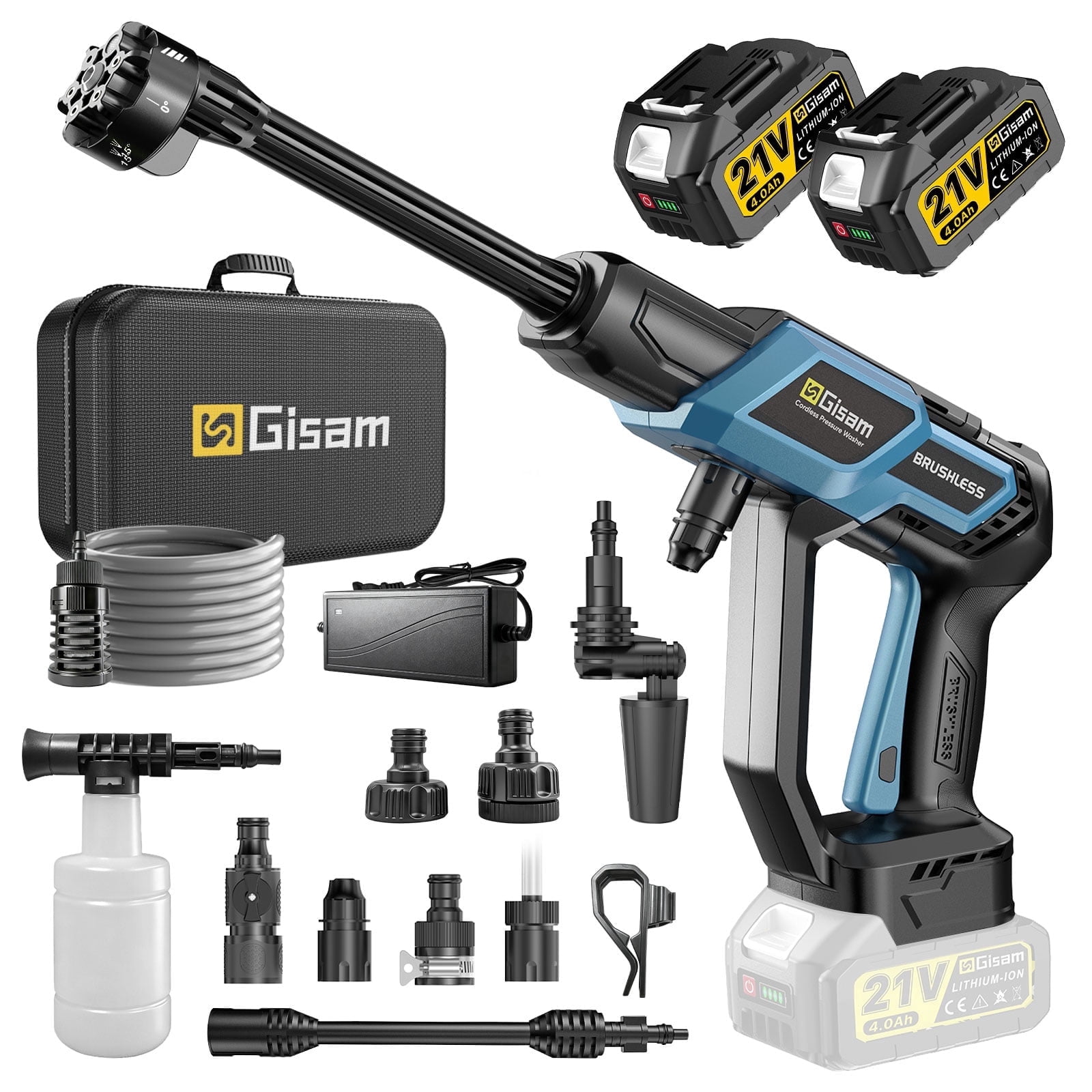 Cordless Pressure Washer, Gisam Portable Power Washer with 6-in-1 Adjustable Nozzle, 2x 4.0Battery ,Brushless Motor，Power Cleaner for Cars/Patios