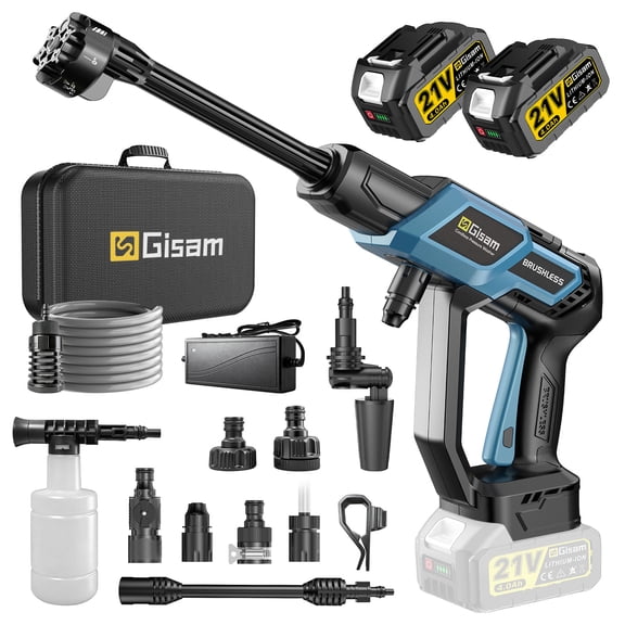 Gisam Cordless Pressure Washer, Portable Power Washer with 6-in-1 Adjustable Nozzle, 2x 4.0Battery ,Brushless MotorPower Cleaner for Cars/Patios