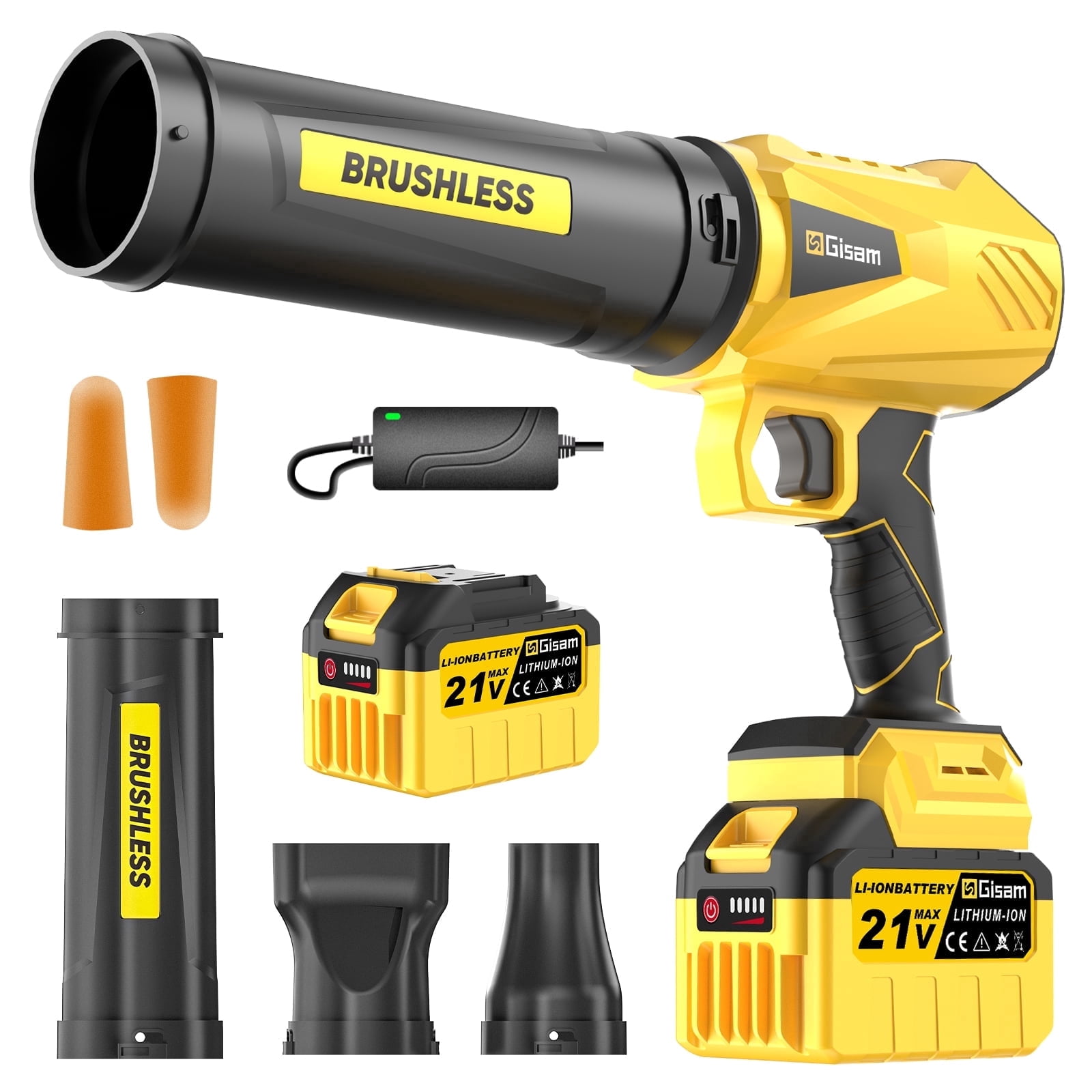Gisam Electric Blower, Cordless Brushless Leaf Blower with 2X 6.0Ah Batteries & Charger Included, Lightweight, Variable Air Speeds, Up To 200m/s