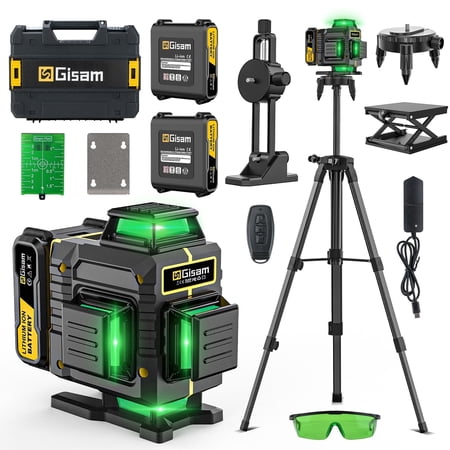 Gisam Laser Level with Tripod , 4x360° Self-Leveling Green Cross Line 4D Laser Tool with Remote Control, Magnetic Bracket & 2* 4800mAh Battery