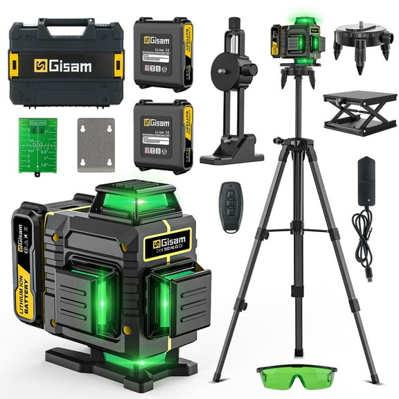 Gisam Laser Level with Tripod , 4x360° Self-Leveling Green Cross Line 4D Laser Tool with Remote Control & 2* 4800mAh Battery