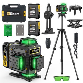 Gisam Laser Level with Tripod , 4x360&deg; Self-Leveling Green Cross Line 4D Laser Tool with Remote Control, Magnetic Bracket  & 2* 4800mAh Battery