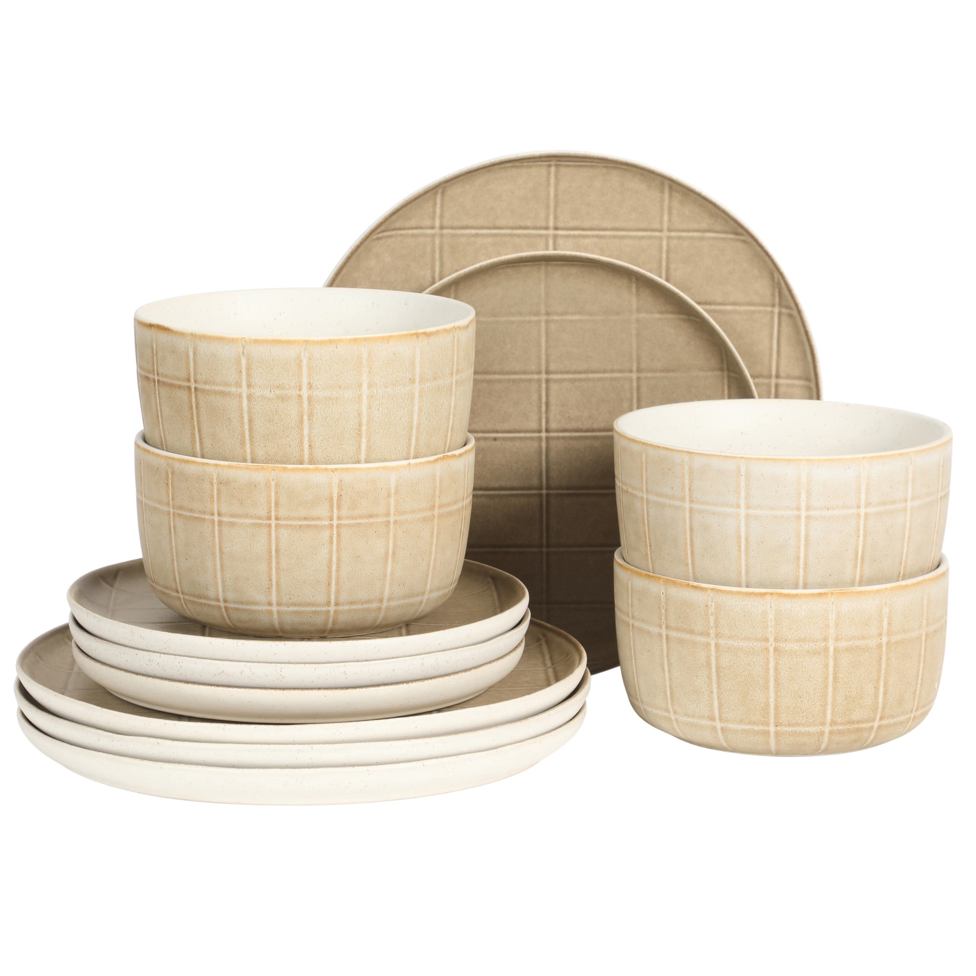 Gisbon Elite Butterwick 12 Piece Plates and Bowls Stoneware Dinnerware Set - Brown Blush Pink Reactive Glaze Patterned Dishes - Microwave and Dishwasher Safe