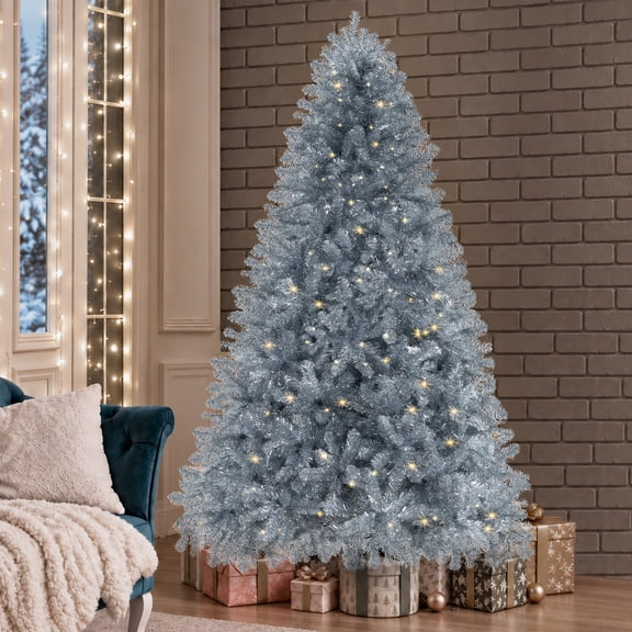 Naomi Home 6.5ft Giselle Silver Prelit Christmas Tree With 450 Warm Lights, 978 Branch Tips, 47in Wide, Metal Stand