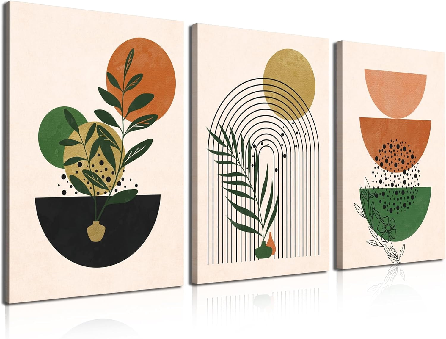 Set Di 3 Stampe Artistiche Da Parete Gisipameis - Stile Boho Geometrico E Botanico - 28x35,6 Cm Senza Cornice - Verde Salvia E Neutro