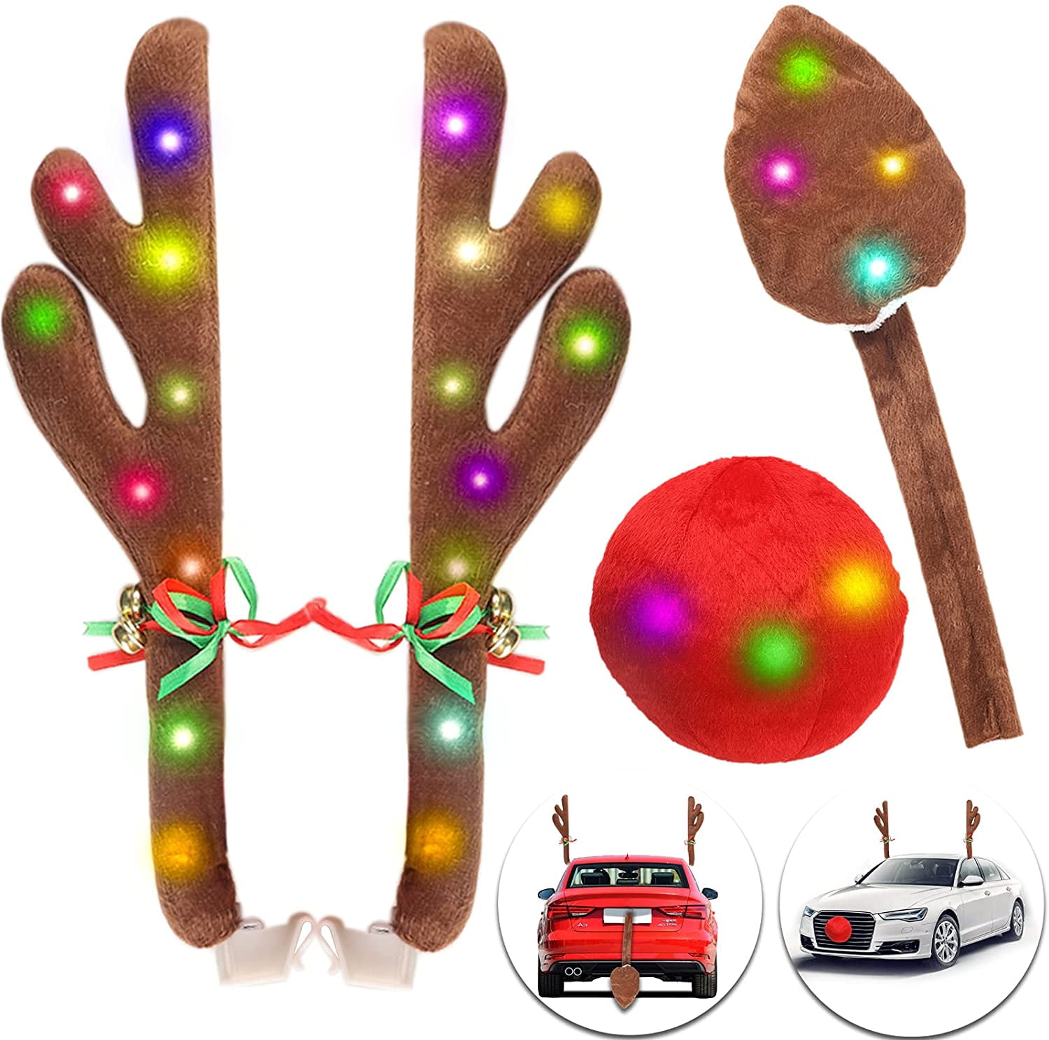 Gisneze Reindeer Christmas Car Kit, LED Antlers, Nose, Tail, Exterior Automotive Accessories