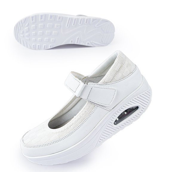 Git-up Women's Mesh Walking Shoes Adjustable Strap Nurse Shoes Lightweight Casual Working Sneaker, White 5.5