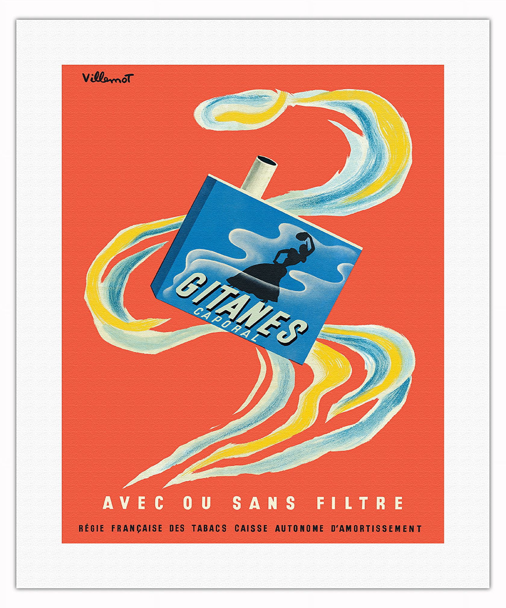 Gitanes Caporal Cigarettes - Vintage French Advertising Poster by Bernard  Villemot c.1960 - Fine Art Matte Paper Print (Unframed) 20x26in