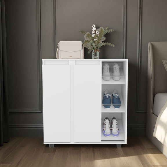 Gitano Shoe Storage Cabinet 2 Doors 8 Enclosed Shelves 3 Open Side Shelves Freestanding De