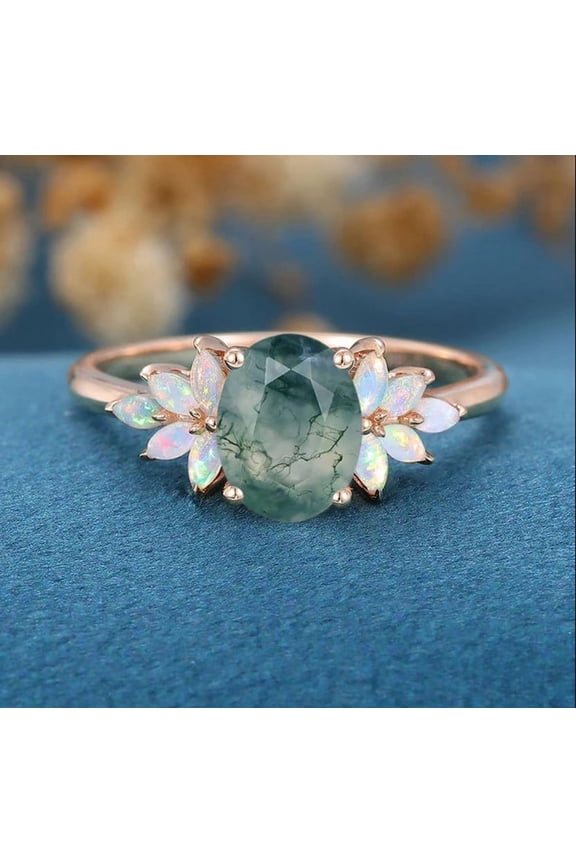 Natural Moss Agate, Fire Oval Opal Ring ,Moissanite Cluster Ring