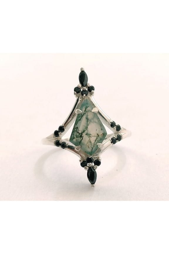 Nature Inspired 1.50 Carat Natural Green Moss Agate Solitaire Engagement Ring - Forest Ring - 18K White Gold Kite Sterling Silver