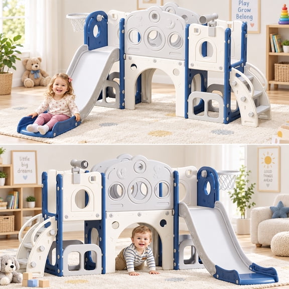 Gitawusa 6-in-1 Toddler Slide Playset with Basketball Hoop and Telescope, Ages 1-3