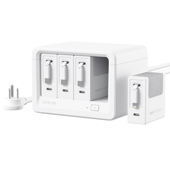 Gitryin - Desktop Charging Station+ 3 USB-C Retractable Charger +1 Lighting Retractable Charger, 40W, 31.5-In Cable White