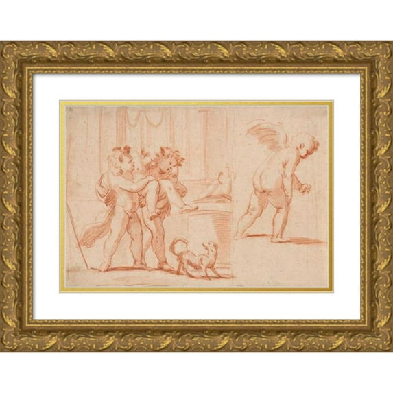Giulio Carpioni 24x17 Gold Ornate Framed and Double Matted Museum Art Print Titled - Two Putti Carrying a Third Putto; Another Putto from The Rear