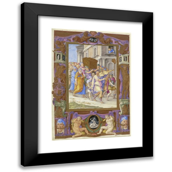 Giulio Clovio 11x14 Black Modern Framed Museum Art Print Titled - King David Dancing Before the Ark of the Covenant, in a Decorative Frame (ca. 1540)