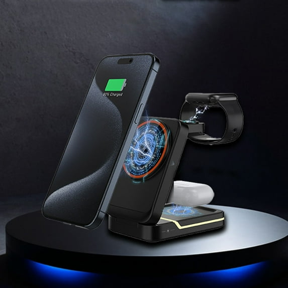 Giunmcul up to 65% Off Multifunctional Foldable Wireless Charger for Android and IOS Smart Phones Watches Earphones 3 In 1 Magnetic 15W Wireless Fast Charger with LED Light