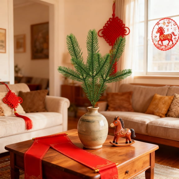 Giunmcul Artificial Pine Branch 90cm Easter Green Needles Red Berry Plastic Metal Wire Home Decoration Yellow Green Red Spring Foliage