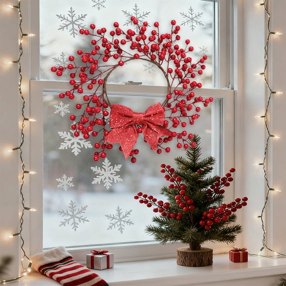 Giunmcul Artificial Red Berry Wreath Christmas Vine Door Hanging Window Display Festive Decorative Plastic Red White Gold 33cm