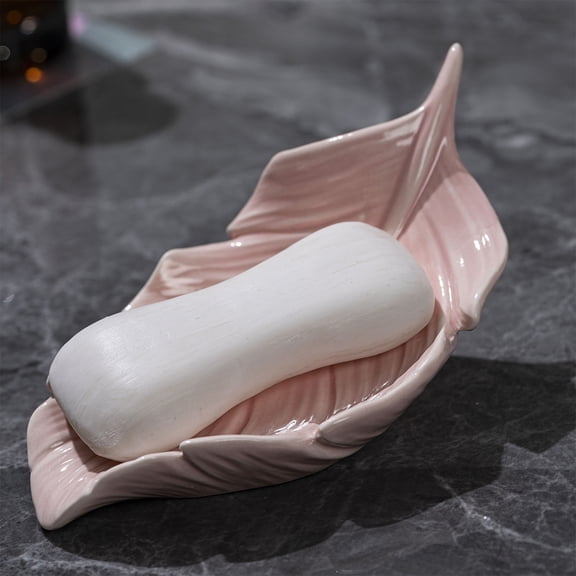 Giunmcul Ceramic Leaf Soap Dish Tray Jewelry Holder Macaron Color Drainage Soap Saver Non Perforated Bathroom Counter Organizer for Soap Rings Snacks 1 Pc