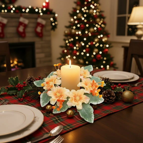 Giunmcul Christmas Peony Candlestick Floral Garland Table Centerpiece Plastic Multicolor Realistic Flowers Candle Ring For Holiday Wedding Home Decor 25cm