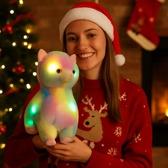 Giunmcul Color Changing Glowing Stuffed Animal Plush Night Light Toy Alpaca Rabbit Style Soft Plush Doll for Kids Bedroom Decor Holiday Birthday Gift 1 Piece